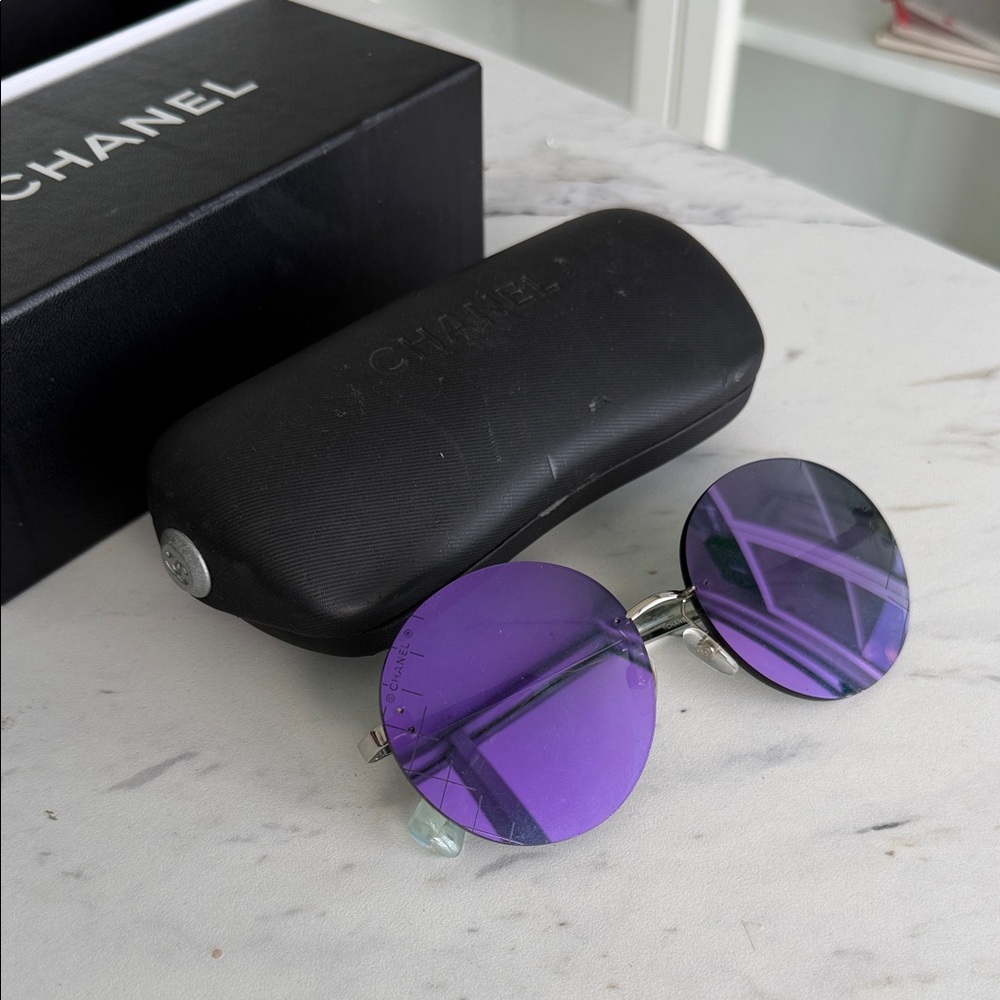 CHANEL Silver Frame Sunglasses with Purple Lenses